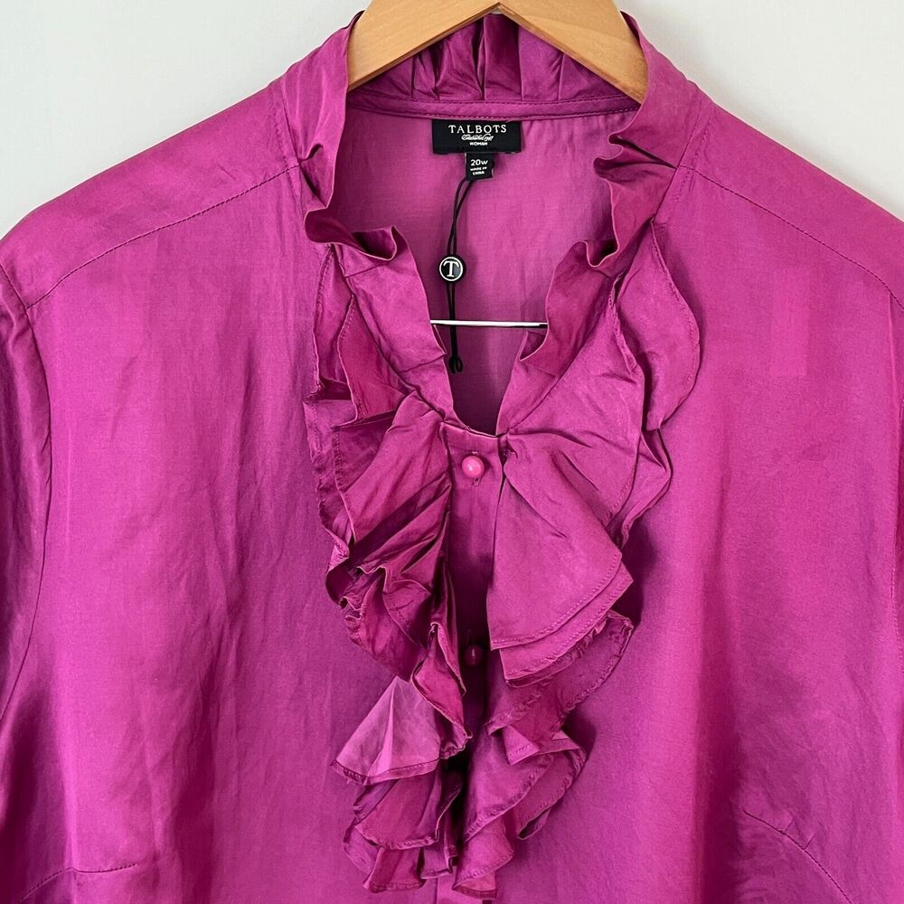 Talbots Women's Silk Cotton Blend Ruffle Neckline Blouse Magenta Size 20 NWOT - Picture 3 of 7